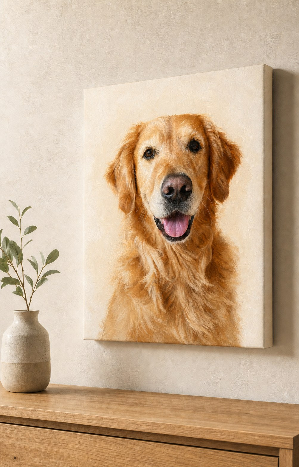 Digital mockup of a golden retriever portrait displayed in a warm interior