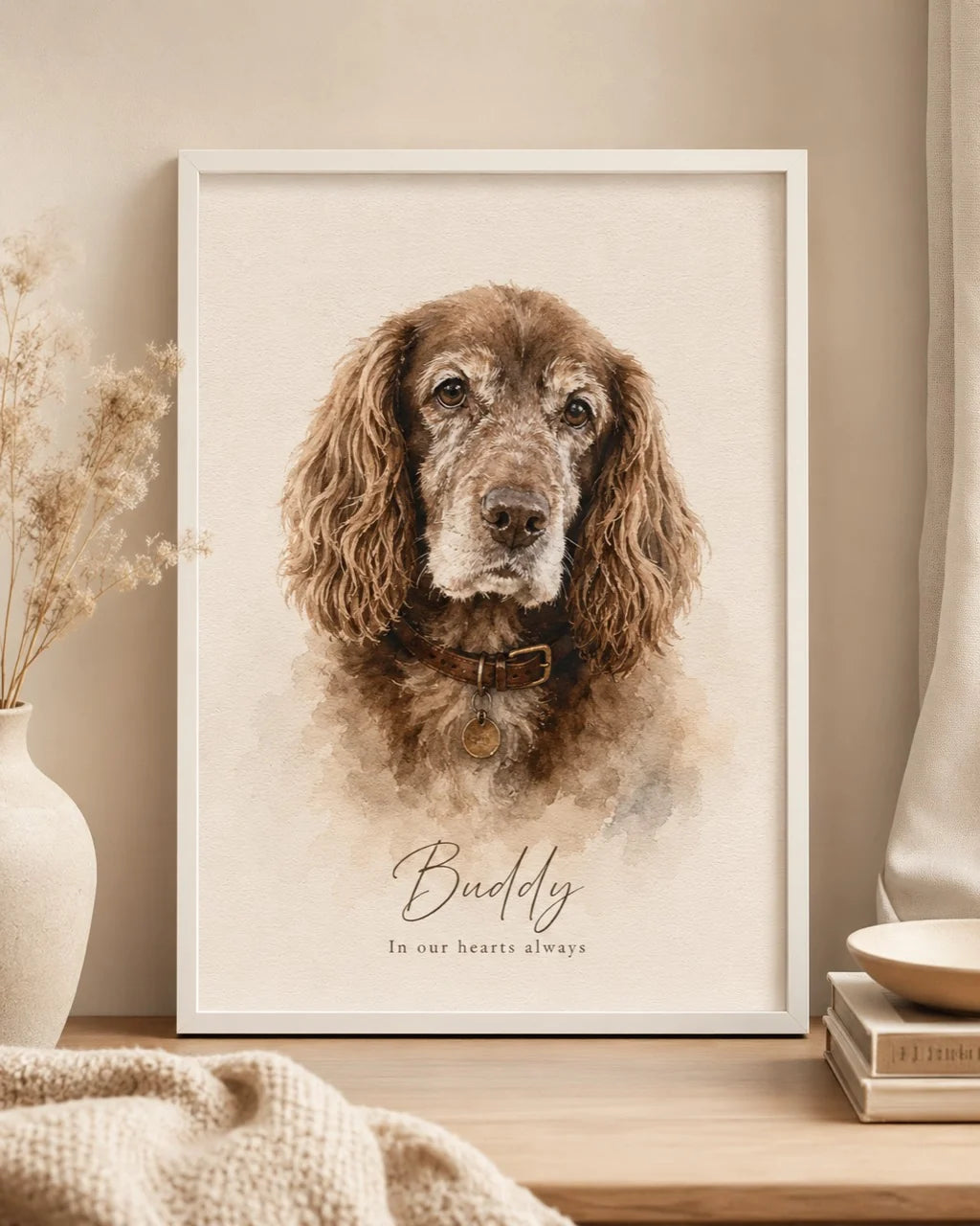Finished custom portrait of Buddy, a brown spaniel