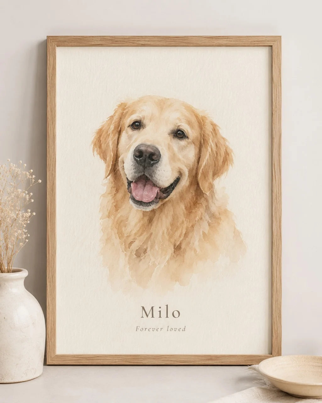Finished custom portrait of Milo, a golden retriever