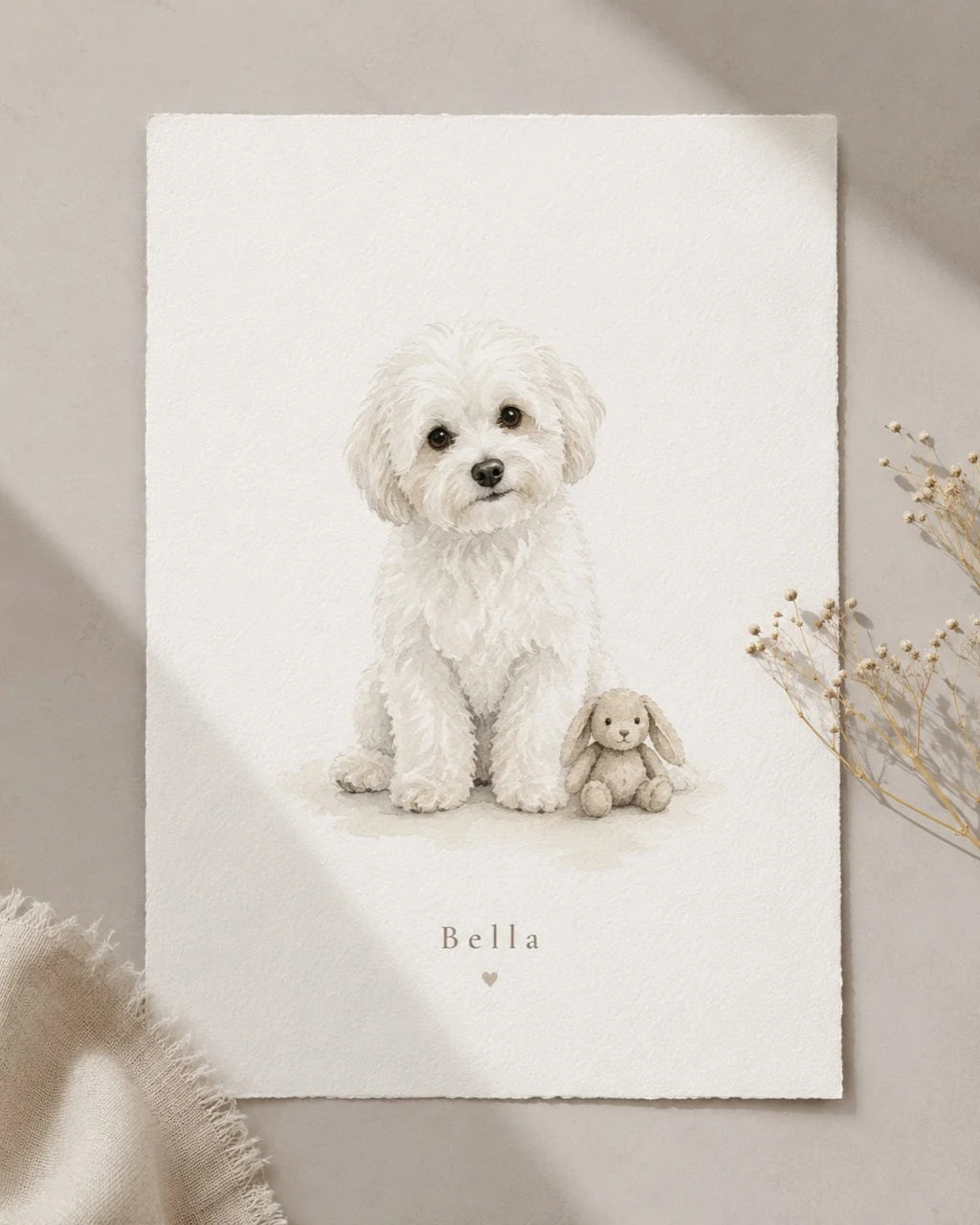 Finished custom portrait of Bella, a small white dog