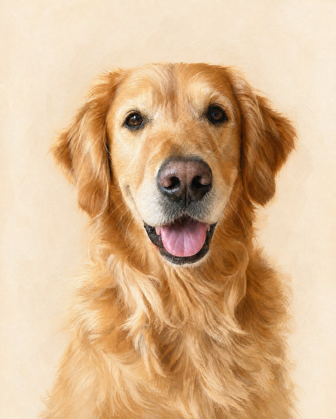 Painterly portrait of the same golden retriever on a Warm Cream background